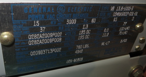 [040732] 3000 Amp, GENERAL ELECTRIC, VB13.8-1000-3, 15 KV, ML-17 MECH, 125 VDC C&T;