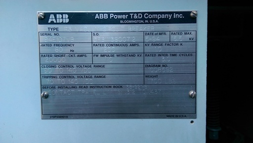 [040766] 1200 Amp, ABB, R3, 15.5 KV, VACUUM, 125 VDC CLOSE & TRIP, 110 BIL: