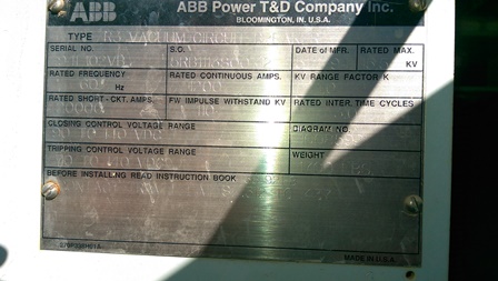 [040767] 1200 Amp, ABB, R3, 15.5 KV, VACUUM, 124 VDC CLOSE & TRIP, 110 BIL: