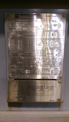 [040808] 1200 KVA, Pri 13200 D, Sec 480Y/277, SQUARE D, HV-CU / LV-AL WINDINGS: