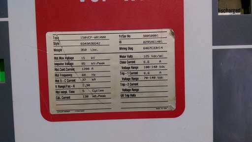 [040809] 1200 Amp, Cutler Hammer-Westinghouse, 150VCP-WR1000, 15 KV, Motor-125 VDC/AC: