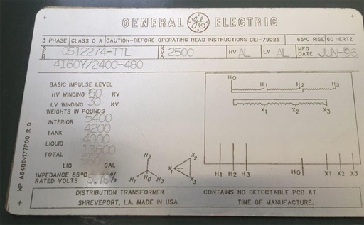 [040836] 2500 KVA, Pri 4160Y/2400, Sec 480 D, GENERAL ELECTRIC, LIVE FRONT, RADIAL FEED