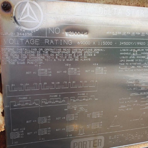 [040878] 6.5/20 MVA, Pri 69000DX115000D, Sec 34500Y/19920X13200Y/7620, DELTA STAR, PORTABLE