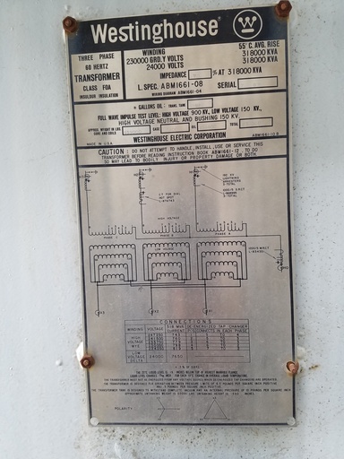 [040894] 318000 KVA, Pri 230000 Y, Sec 24000 D, WESTINGHOUSE:1