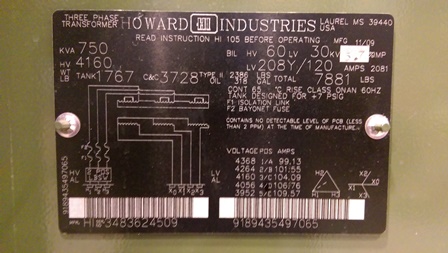 [040925] 750 KVA, Pri 4160 D, Sec 208Y/120, HOWARD, DEAD FRONT, RADIAL FEED