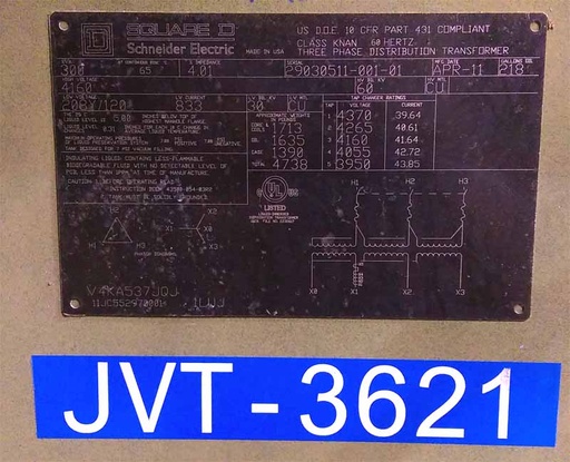 [040926] 300 KVA, Pri 4160 D, Sec 208Y/120, 2011, SQUARE D, DEAD/RADIAL, BIOTEMP:1
