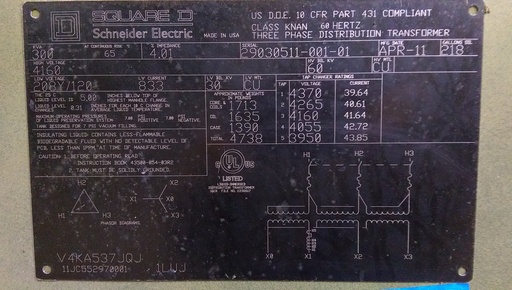 [040926] 300 KVA, Pri 4160 D, Sec 208Y/120, 2011, SQUARE D, DEAD/RADIAL, BIOTEMP:1