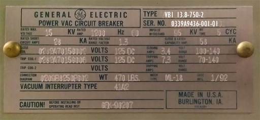 [040968] 1200 Amp, GENERAL ELECTRIC, VB1-13.8-750-2, 15 KV, ML-18 MECHANSIM: