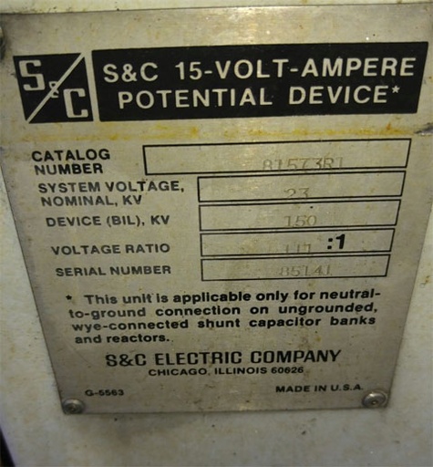 [040972] 23000 V, S & C VOLTAGE TRANSFORMERS, TYPE 81573R1, 111:1 RATIO, 150 KV BIL:3