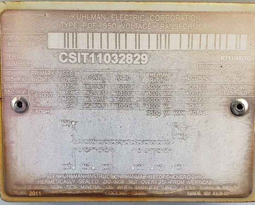 [040976] 115000 V/69000 PRIMARY, Sec. 115/69 V SECONDARY, KUHLMAN POF550, 1000/600:1