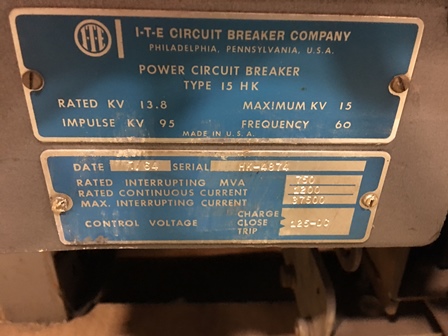 [041007] 1200 Amp, ITE, 15HK1000/750, 15 KV, 125 VDC CLOSE & TRIP, MODEL 00, INDOOR:1