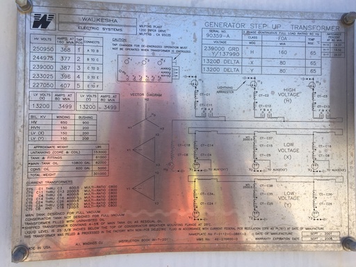[041068] 160000 KVA, Pri 239000Y/137990, Sec 13200 D x 13200 D, WAUKESHA, 2001:1