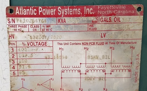 [041075] 2500/2800 KVA, Pri 13200Y/7620, Sec 480 D, ATLANTIC POWER SYSTEMS, DEAD, LOOP