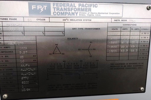 [041131] 1000 KVA, Pri 13800 D, Sec 480Y/277, 1994, FEDERAL PACIFIC, INDOOR, ALUMINUM:1