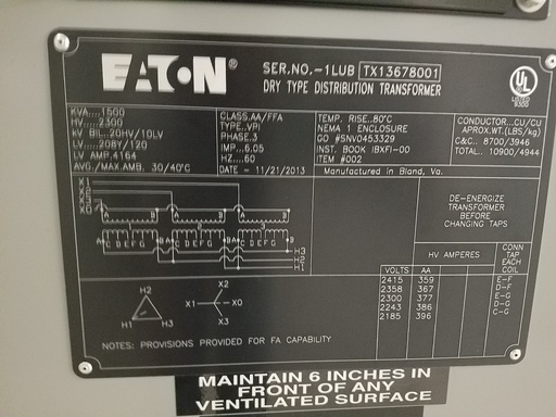 [041136] 1500 KVA, Pri 2300 D, Sec 208Y/120, 2013, EATON, COPPER, INDOOR:1