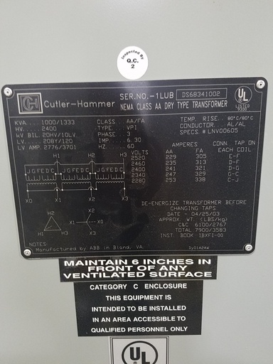 [041137] 1000/1333 KVA, Pri 2400 D, Sec 208Y/120, CUTLER-HAMMER, ALUMINUM, INDOOR