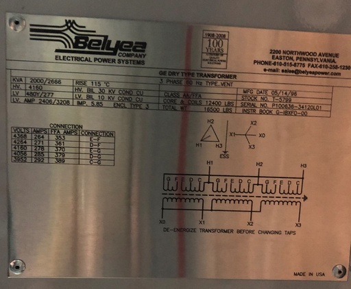 [041186] 2000/2666 KVA, Pri 4160 D, Sec 480Y/277, 1996, GENERAL ELECTRIC, OUTDOOR, COPPER