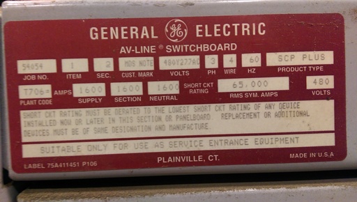 [041189] 1600 Amp, GENERAL ELECTRIC, POWER BREAK II, 600 V.,