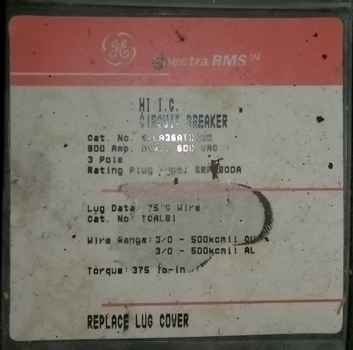 [041190] 800 Amp, GENERAL ELECTRIC, SPECTRA RMS, 600 V., Cat. No. SKLA36AT0800: