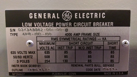 [041252] 4000 Amp, GENERAL ELECTRIC, AKR-10D-100, 635 V., LOW VOLT, 50/60 HERTZ