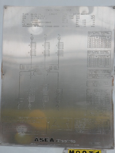 [041257] 20000/37400 KVA, Pri 230000 D, Sec 69000Y/39840, ASEA:1