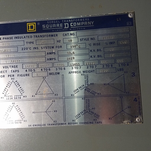 [041265] 2000 KVA, Pri 13800 D, Sec 480Y/277, SQUARE D, DRY TYPE, INDOOR ENCLOSURE:2