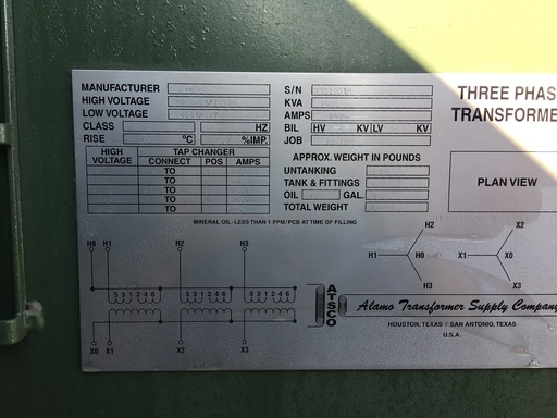 [041291] 1500 KVA, Pri 34500Y/19920, Sec 480Y/277, ATSCO, LIVE FRONT/RADIAL FEED:1