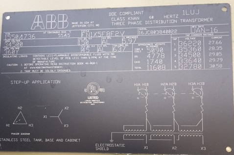 [041310] 1550/1736 KVA, Pri 34500 D, Sec 360 Y, 2016, ABB, KNAN, DEAD FRONT, UNUSED:4