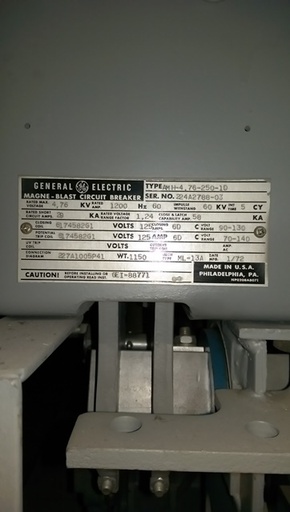 [041341] 1200 Amp, GE, AMH-4.76-250-1D, 4760 V., ML-13A MECH., 125 VDC CLOSE & TRIP
