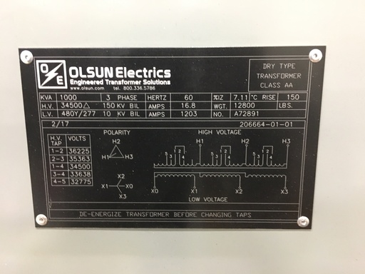[041360] 1000 KVA, Pri 34500 D, Sec 480Y/277, 2017, OLSUN, INDOOR, NEW:1