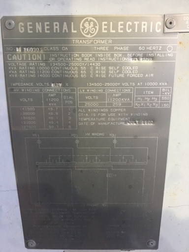 [041430] 10000/14000 KVA, Pri 134500 D, Sec 25000Y/14430, GENERAL ELECTRIC, COPPER:1