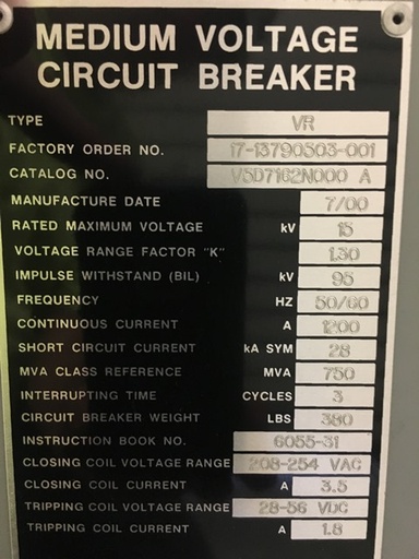 [041441] 1200 Amp, SQUARE D, VR 750, 15 KV, 750 MVA, DRAW-OUT, 3 CYCLE: