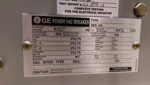 [041463] 2000 Amp, GE, VB1 4.16-250-3, 2000, 125 VDC CLOSE/TRIP/MOTOR, ML-18 MECHANISM:1