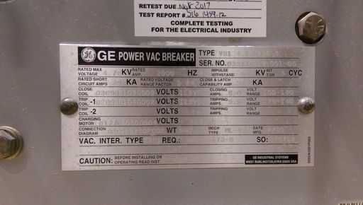 [041466] 2000 Amp, GE, VB1 4.16-250-3, 2000, 125 VDC CLOSE/TRIP/MOTOR, ML-18 MECHANISM:1