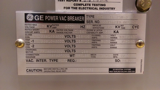 [041467] 2000 Amp, GE, VB1 4.16-250-3, 2000, 125 VDC CLOSE/TRIP/MOTOR, ML-18 MECHANISM:1