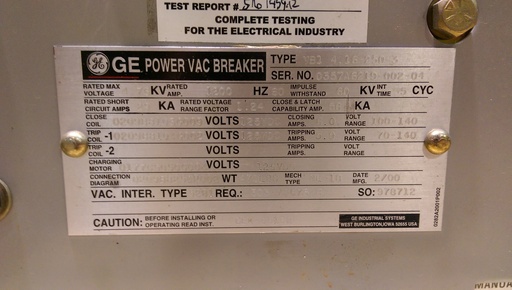 [041469] 1200 Amp, GE, VB1 4.16-250-3, 2000, 125 VDC CLOSE/TRIP/MOTOR, ML-18 MECHANISM:1