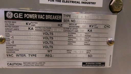 [041470] 1200 Amp, GE, VB1 4.16-250-3, 2000, 125 VDC CLOSE/TRIP/MOTOR, ML-18 MECHANISM:1