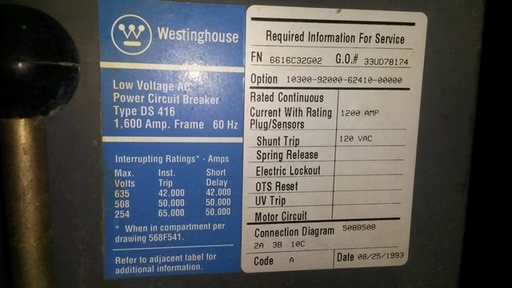 [041511] 1600 Amp, WESTINGHOUSE, DS416, 480 V., 1993, M/O, D/O, 120 VAC SHUNT TRIP