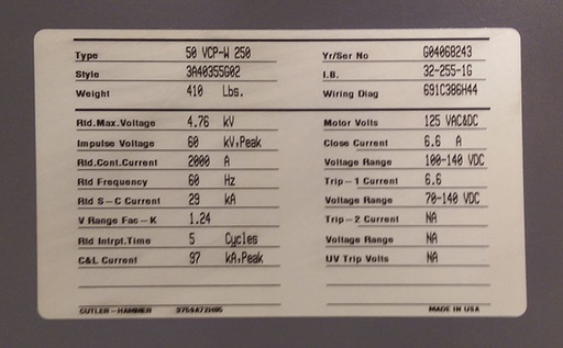 [041515] 2000 Amp, CUTLER-HAMMER, 50 VCP-W 250, 4760 V., 2004, 125 VDC