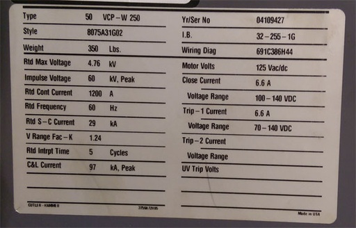 [041516] 1200 Amp, CUTLER-HAMMER, 50 VCP-W 250, 4760 V., 2004, 125 VDC