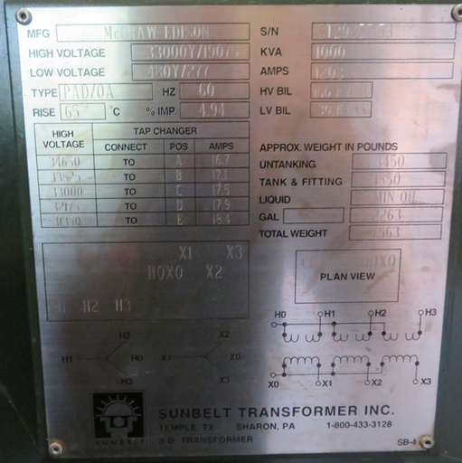 [041536] 1000 KVA, Pri 33000 Y, Sec 480 Y, Live Front/Radial Feed
