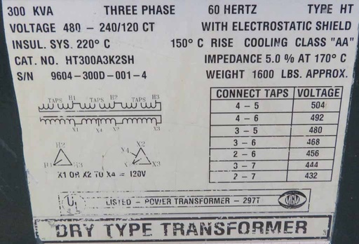 [041537] 300 KVA, Pri 480 D, Sec 120 D, MGM INDOOR DRY TYPE TRANSFORMER
