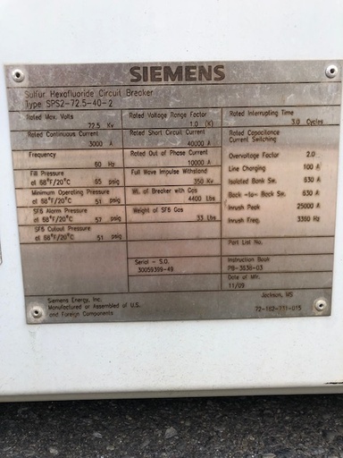 [041551] 3000 Amp, SIEMENS, SPS2-72.5-40-2, 72.5 KV, 2009,FA2.20 SPRING CHARGED OP. MECH.