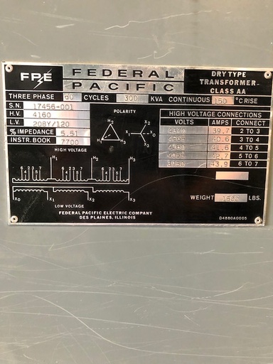 [041564] 300 KVA, Pri 4160 D, Sec 208 Y, FEDERAL PACIFIC, INDOOR ENCLOSURE:1