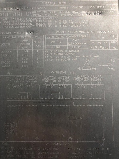 [041570] 15000/22400 KVA, Pri 120000 D, Sec 4160Y/2400, GENERAL ELECTRIC:1