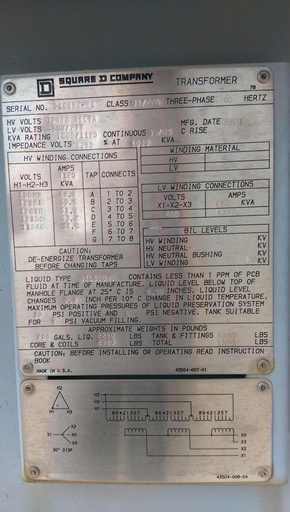 [041595] 1000/1120 KVA, 12470D, Sec 480Y/277, 1991, SQUARE D, SILICONE SUBSTATION
