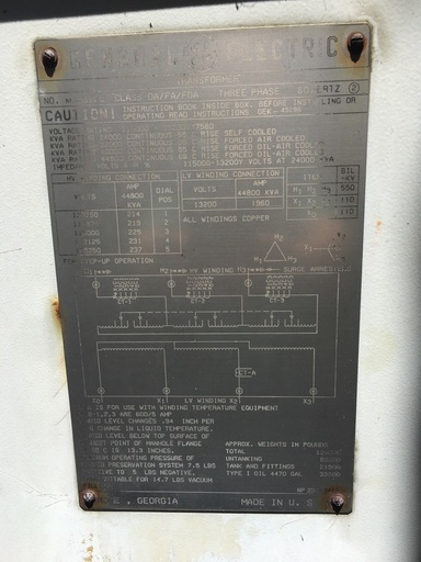 [041607] 24000/44800 KVA, Pri 115000 D, Sec 13200Y/7560, GENERAL ELECTRIC:1