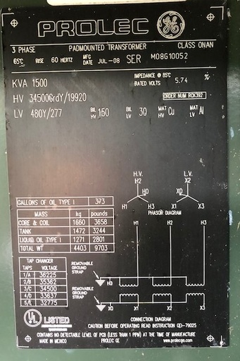 [041695] 1500 KVA, Pri 34500GRDY/19920, Sec 480Y/277, 2008, GE PROLEC, LIVE/RADIAL