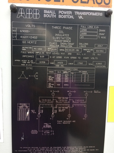 [041699] 12000/16000 KVA, Pri 69000 D, Sec 4160Y/2402, 2011, ABB, COPPER:1