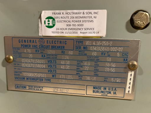 [041703] 1200 Amp, GENERAL ELECTRIC, VB1 4.16-250-2, 4160 V., 1991, 48 VDC, ML-18:1